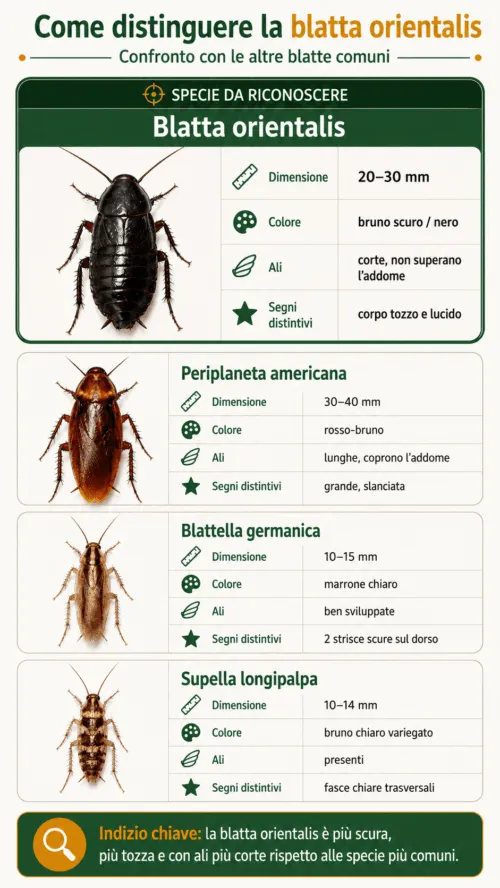 infografica con differenza tra le varie specie di blatte comuni
