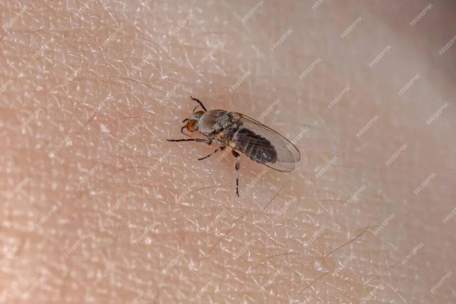 Ingrandimento di una mosca nera che punge la pelle di una persona.